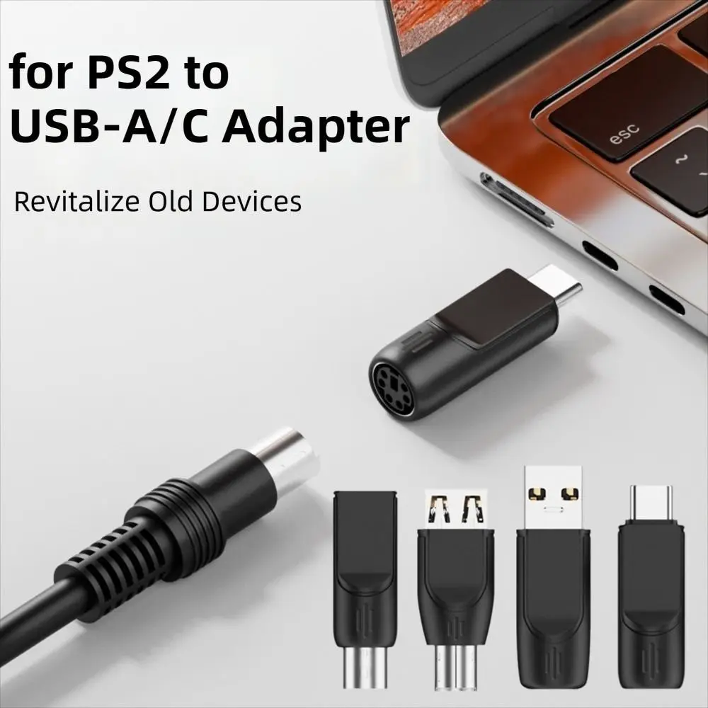 Universal for PS2 to USB Adapter PVC Plug and Play for PS2 to Type-C Adapter Compact Keyboard Mouse Connector Mouse Connection