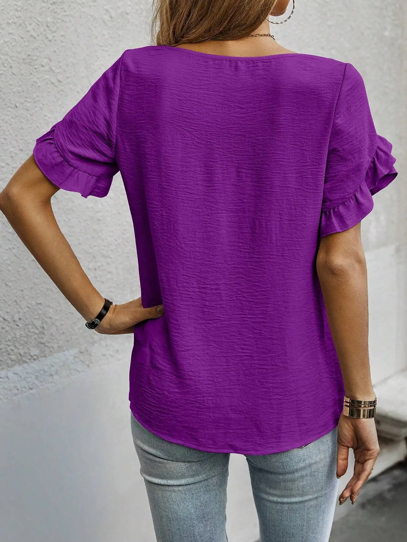 

Solid Color Round Neck Casual Short Sleeve Top With Ruffle Sleeves