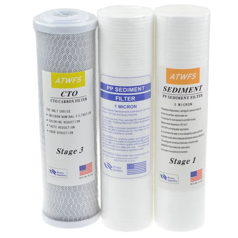 10-Inch Water Purifier Filter 5 micron PP Cotton Filter+ 1 micron PP Filter+ Activated Carbon Filter Cartridge