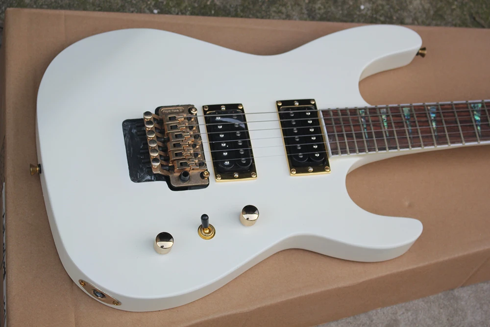 6 Strings White J Electric Guitar with Tremolo Bar,Rosewood Fretboard,Humbucker Pickups,Abalone Inlay