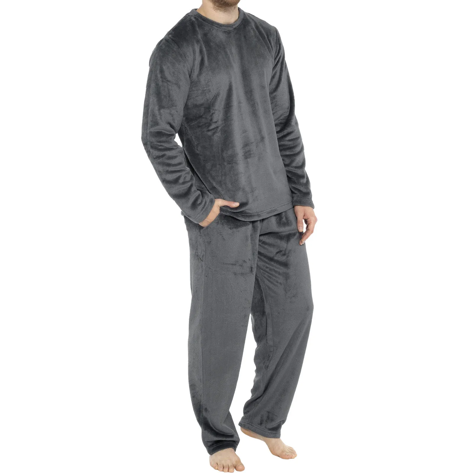 Men’s 2 Piece Velvet Pajama Set Long Sleeve Solid Color Pullover + Pants Set Loungewear