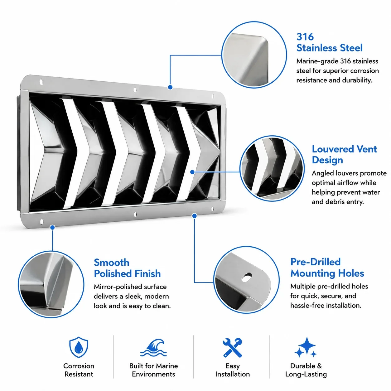 Stainless Steel Louver Grille with 3 4 5 6 or 8 Slots Vent Cover for Marine Cabin Air Outlets on Yachts Boats RVs and Campers