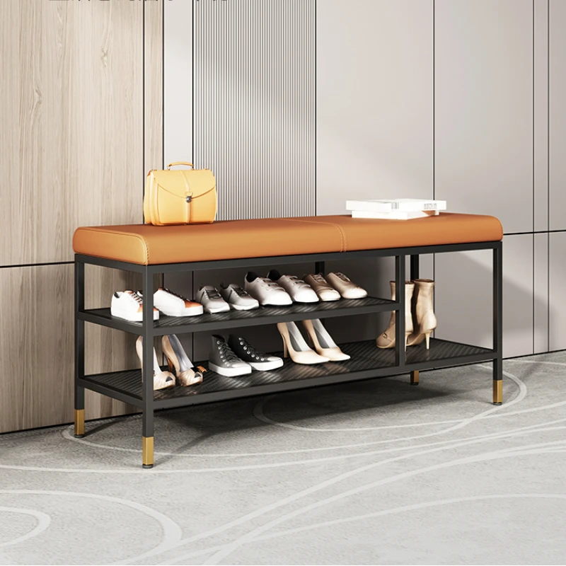 Entrance hall metal Shoe rack Storage Leather narrow bench organizer shoe shelf with seat open cabinets space saving Furniture