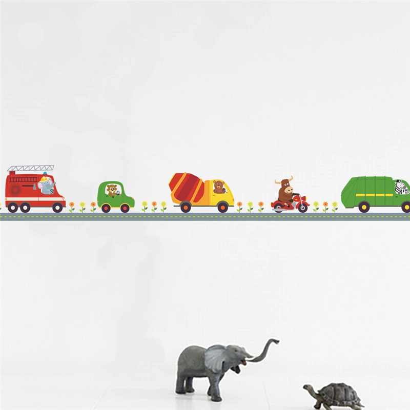 Cartoon Animal Land Cars Transportation Wall Decal For Kids Room Decoration Nursery Safari Sticker Mural Art Diy Home Decor