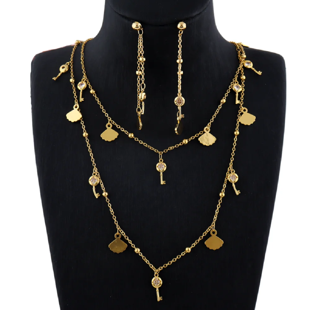 

Очаровательный дизайн, позолоченная длинная цепочка в форме ключа, ожерелье, серьги, модные ювелирные изделия, подарок для женщин, вечерние, свадебные, банкетные, Рождество