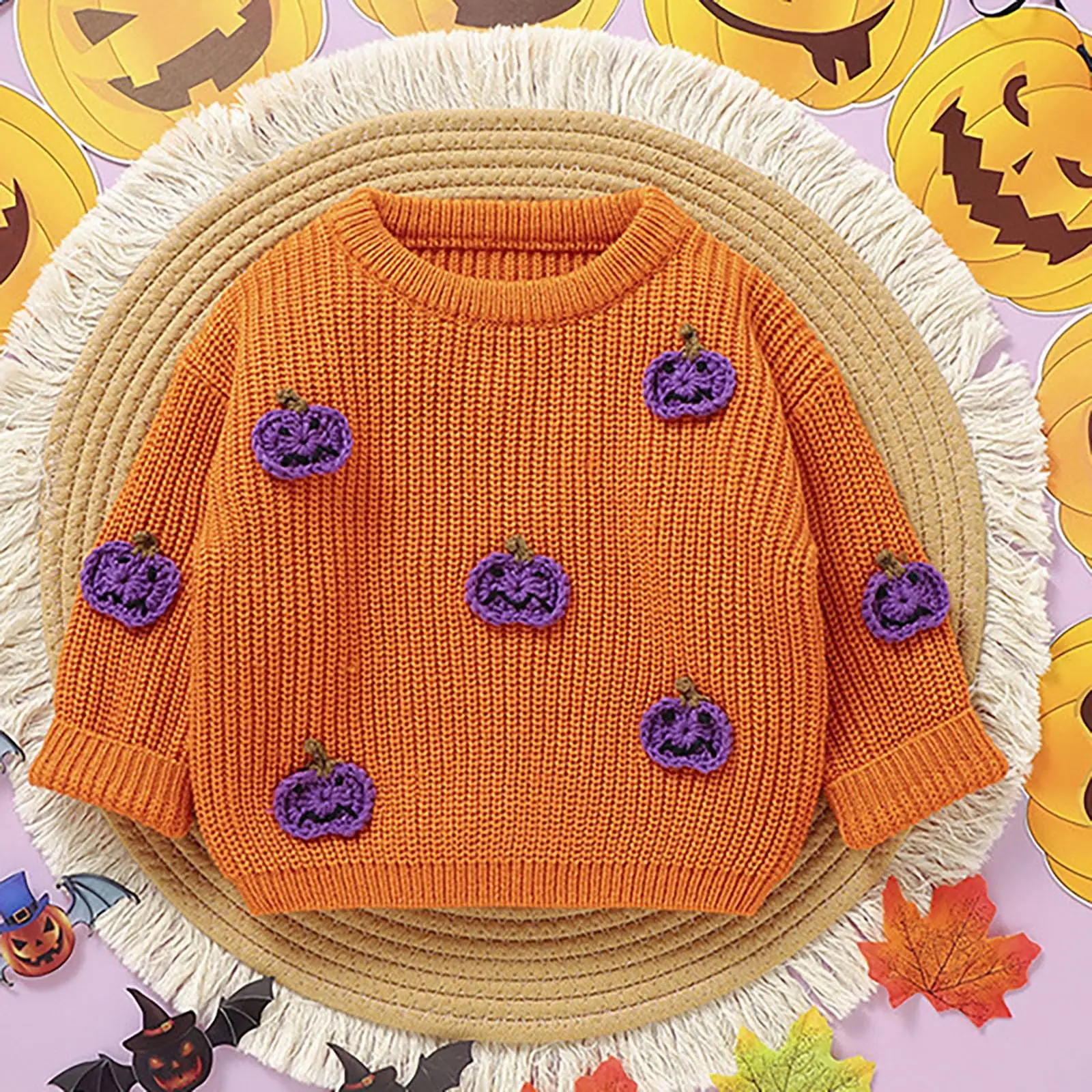 

Halloween Pumpkin Embroidered Knitted Sweaters for Baby Boy Girl Fall Winter Casual Loose and Comfortable Sweater Pullover ,1-2Y