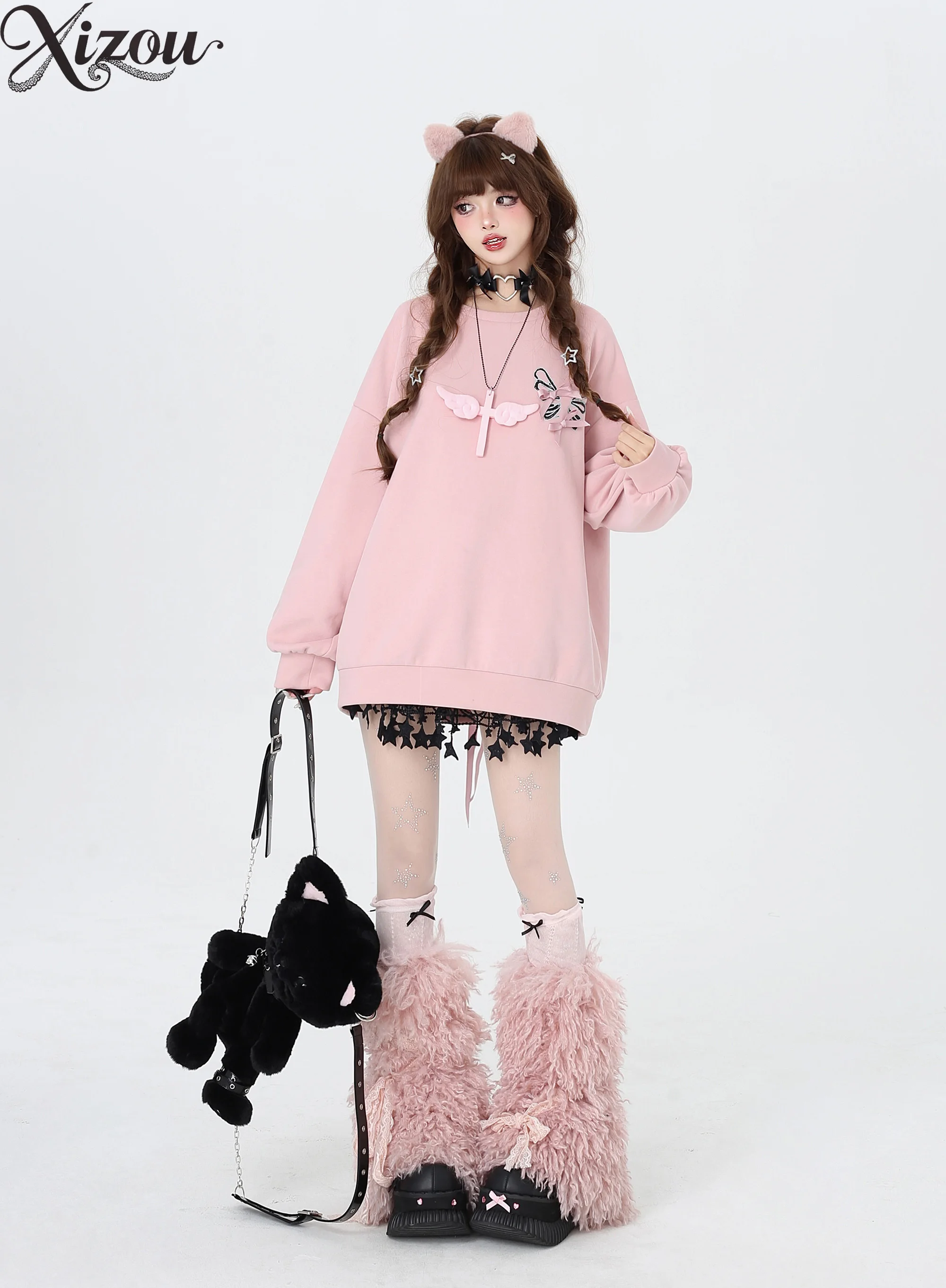 2025 y2k doce legal laço pesado artesanato moletom feminino solto manga longa em torno do pescoço outono primavera casual pulôver topos com capuz