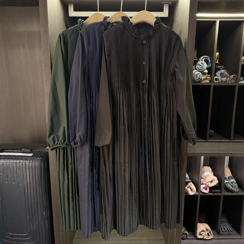 

Miyake Pleated Dress 2025 Fall New Loose Thin Pleats Round Neck Simple Elegant Gentle Casual Versatile Dresses Women Clothing