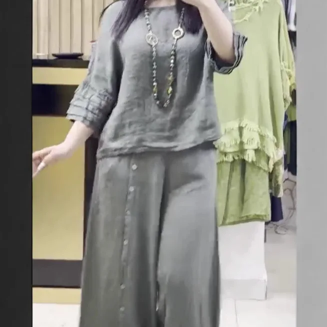 

Women's Fashion Loose Cotton Linen Two-piece Set 2025 Summer Casual Dispersive 3/4 Sleeve Shirt Button Split Wide Leg Pants Suit