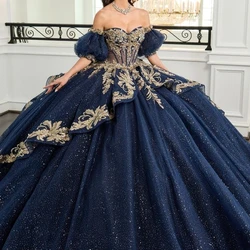 Navy Blue Shiny Ball Gown Quinceanera Dresses Gold Appliques Lace Beads Crystal Tull Corset Vestidos 15 De XV AƱos Sweet 16
