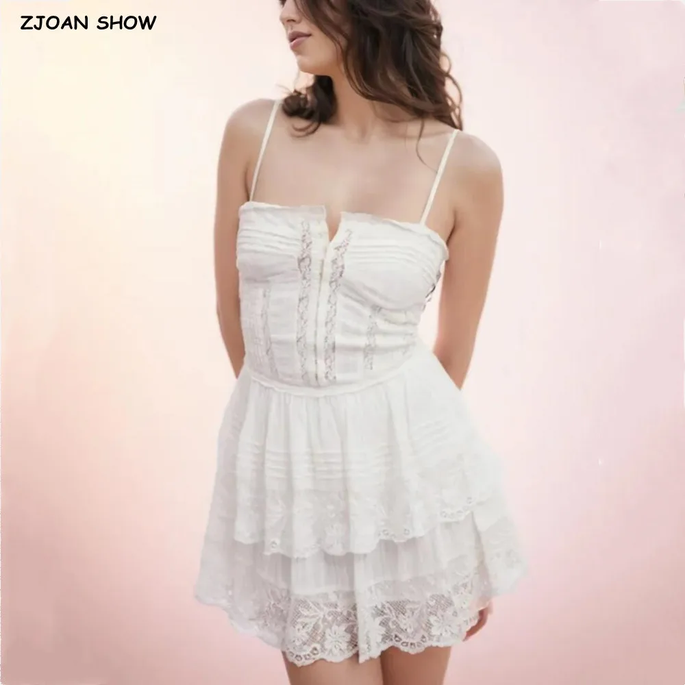 Sexy branco emendado renda mini estilingue vestido feminino slash colarinho metal gancho botões 2 camadas bolo hem a linha vestidos curtos femme robe