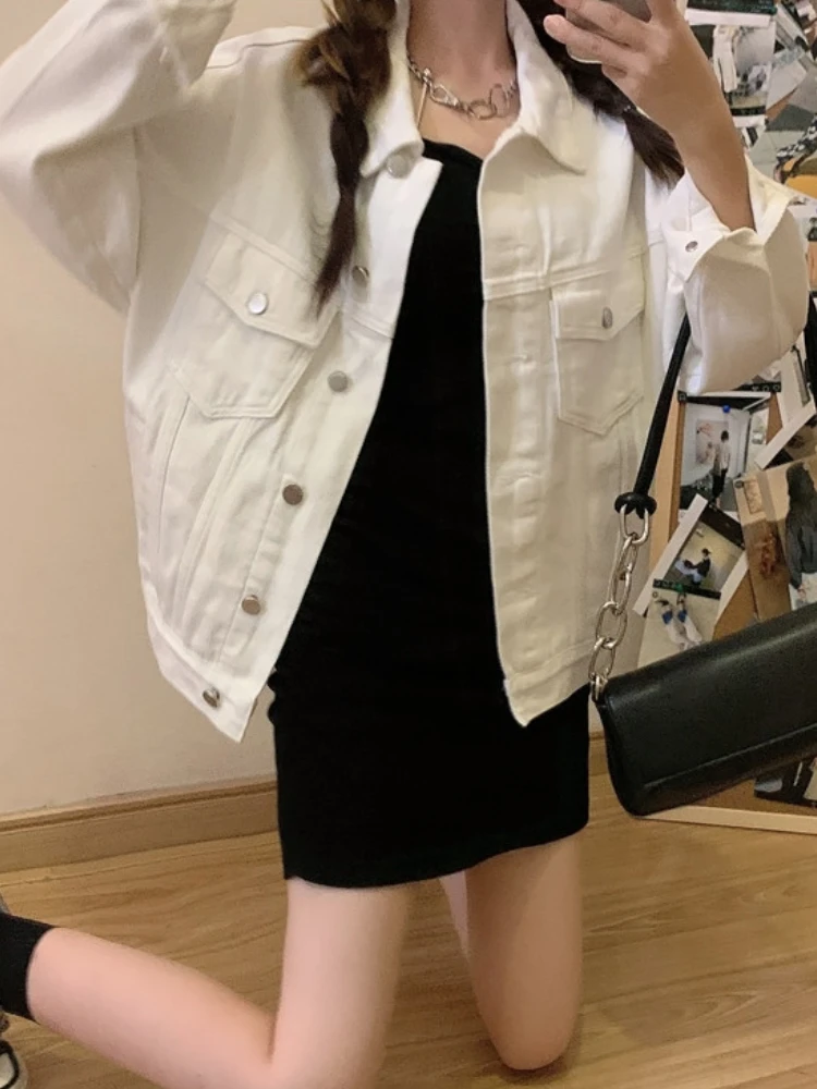 2024 Spring New White Denim Jacket Loose Fashion Korean Version Long Sleeve Womens Jacket Simplicity Versatile Casual Denim Top