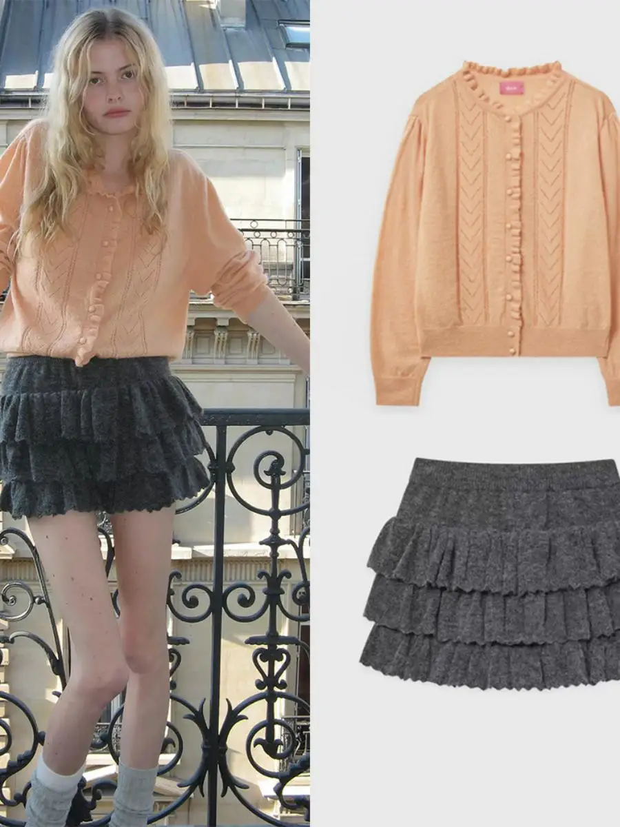 

Весенний вязаный кардиган с вырезами и юбка с завышенной талией для женщин, комплект из двух предметов, средней мягкости, с длинными рукавами