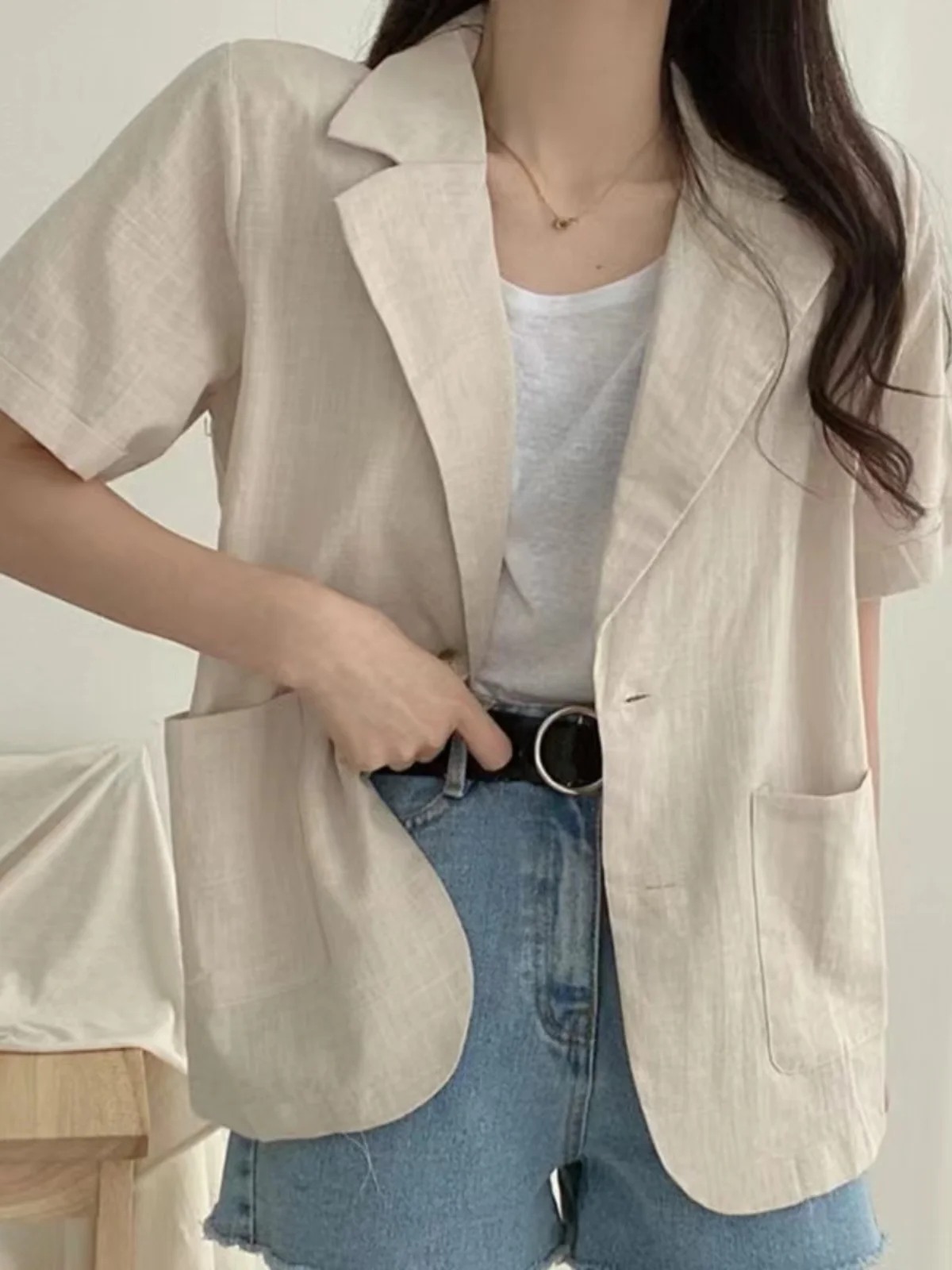 

Korean Sle Chic Summer Breathable Cotton Linen Thin Two Button ort Sve Suit Jaet Ele Commuting Sle irt