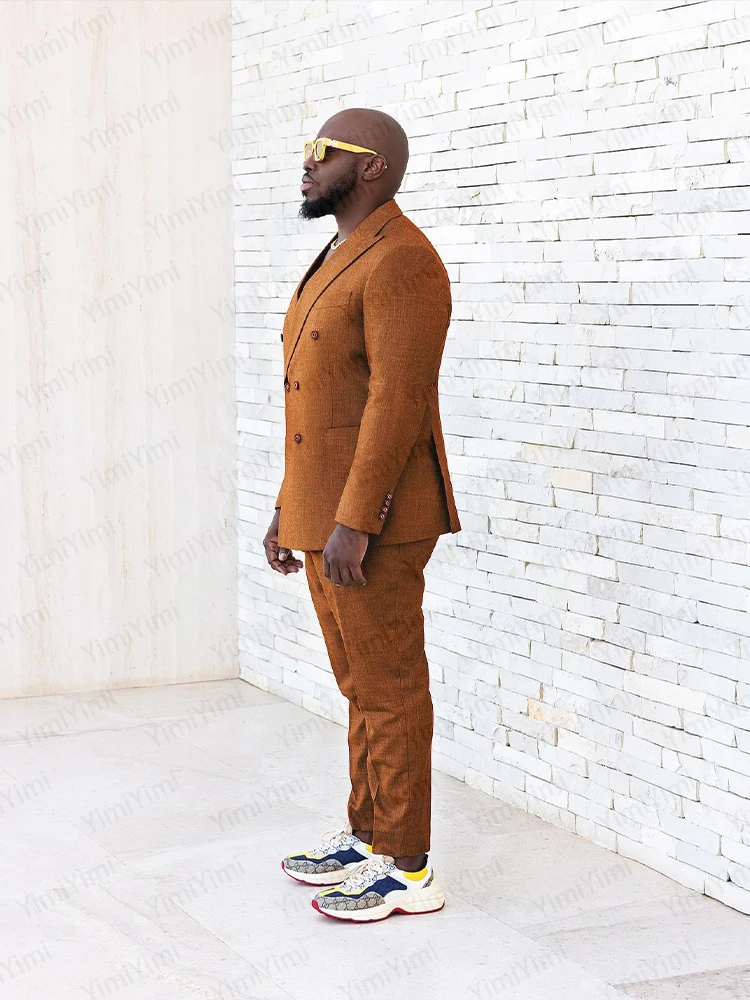 Классический коричневый мужской костюм, двубортный деловой приталенный свадебный пиджак, комплект из 2 предметов, мужской смокинг, пиджак для выпускного вечера по индивидуальному заказу