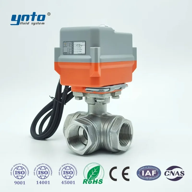 صمام كروي كهربائي صغير الحجم SS ثلاثي الاتجاهات مع خيط داخلي لمعالجة المياه والمياه الصناعية على شكل حرف L