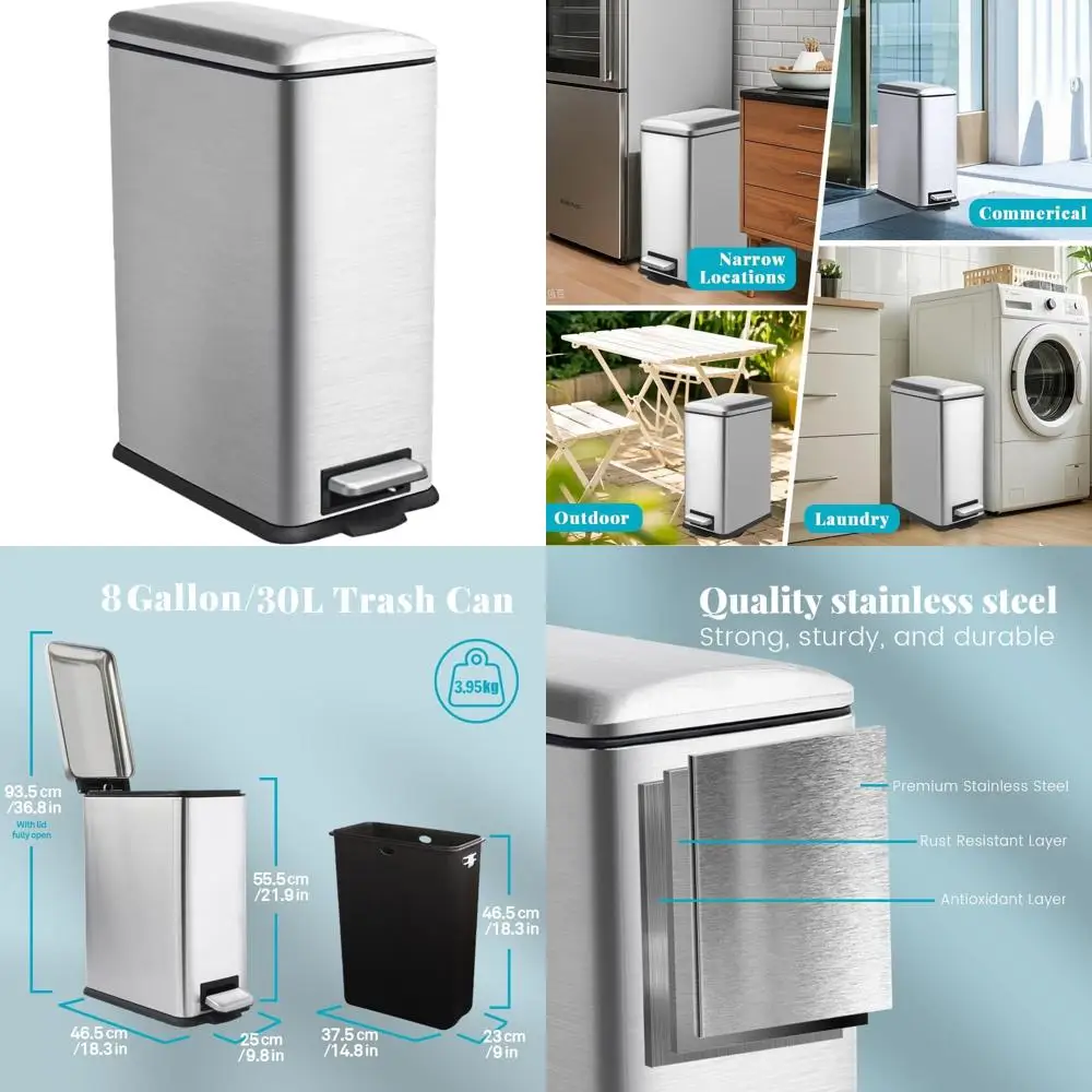 

Stainless Steel 8 Gallon Kitchen Trash Can with Removable Inner Bucket and Soft-Close Lid, Step-On Design, 30 Liters Capacity
