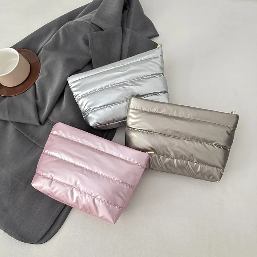 Fashion Solid Color Cosmetic Bag Fluffy Large Capacity Quilted Toiletry Pouch Nylon Zipper Women Clutch Bag