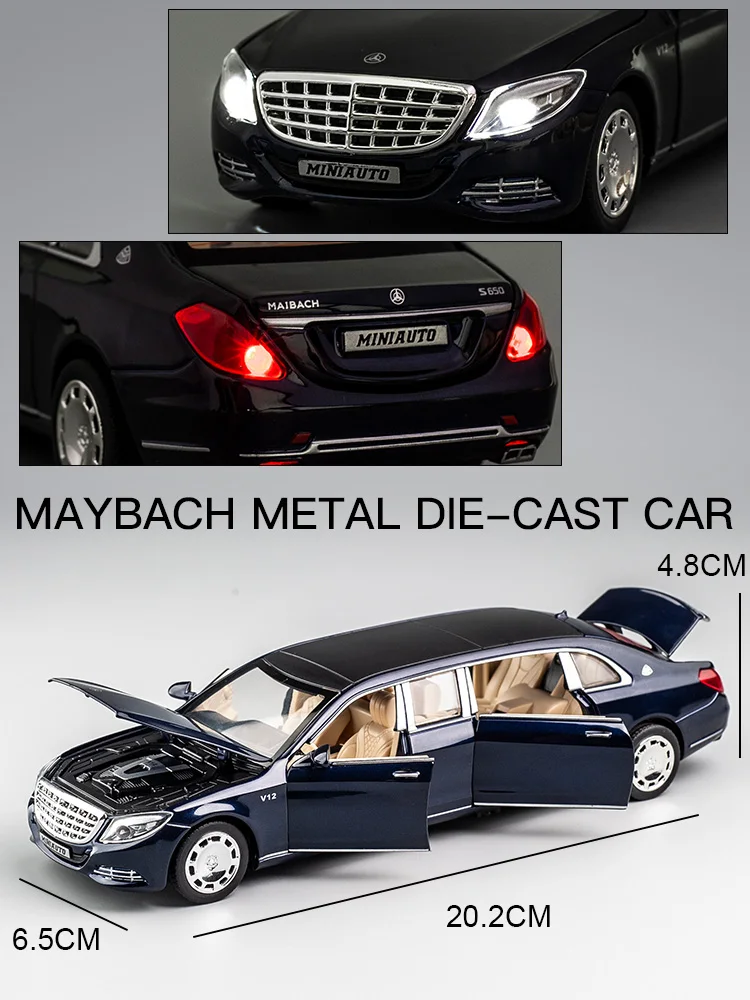 1/24 Maybach AMG S600 Toy Car Model, Diecast Alloy Metal Miniature Pull Back Sound & Light Collection Free Wheel Gift For Boy