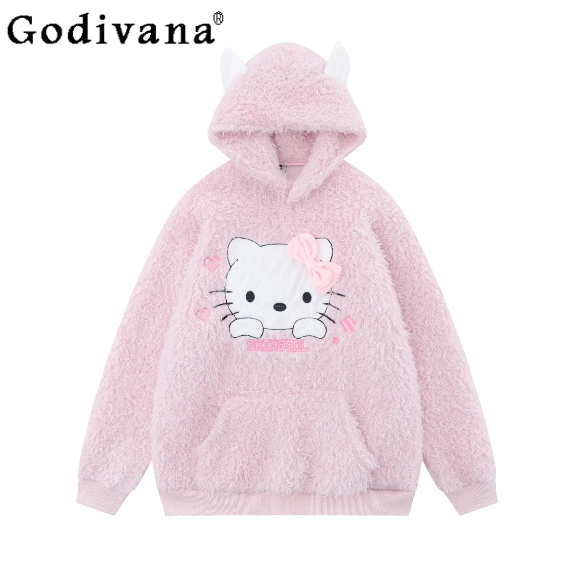 Girly Sweet Y2k Cartoon Print Cat Embroidery Velvet Thickened Loose Large Size Pink Hooded Hoodies Women Autumn Fashion Pullover