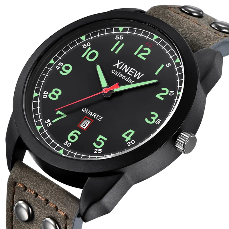 정품 XINEW 브랜드 남성 시계 소년 학생 패션 가죽 밴드 날짜 쿼츠 시계 남성용 시계