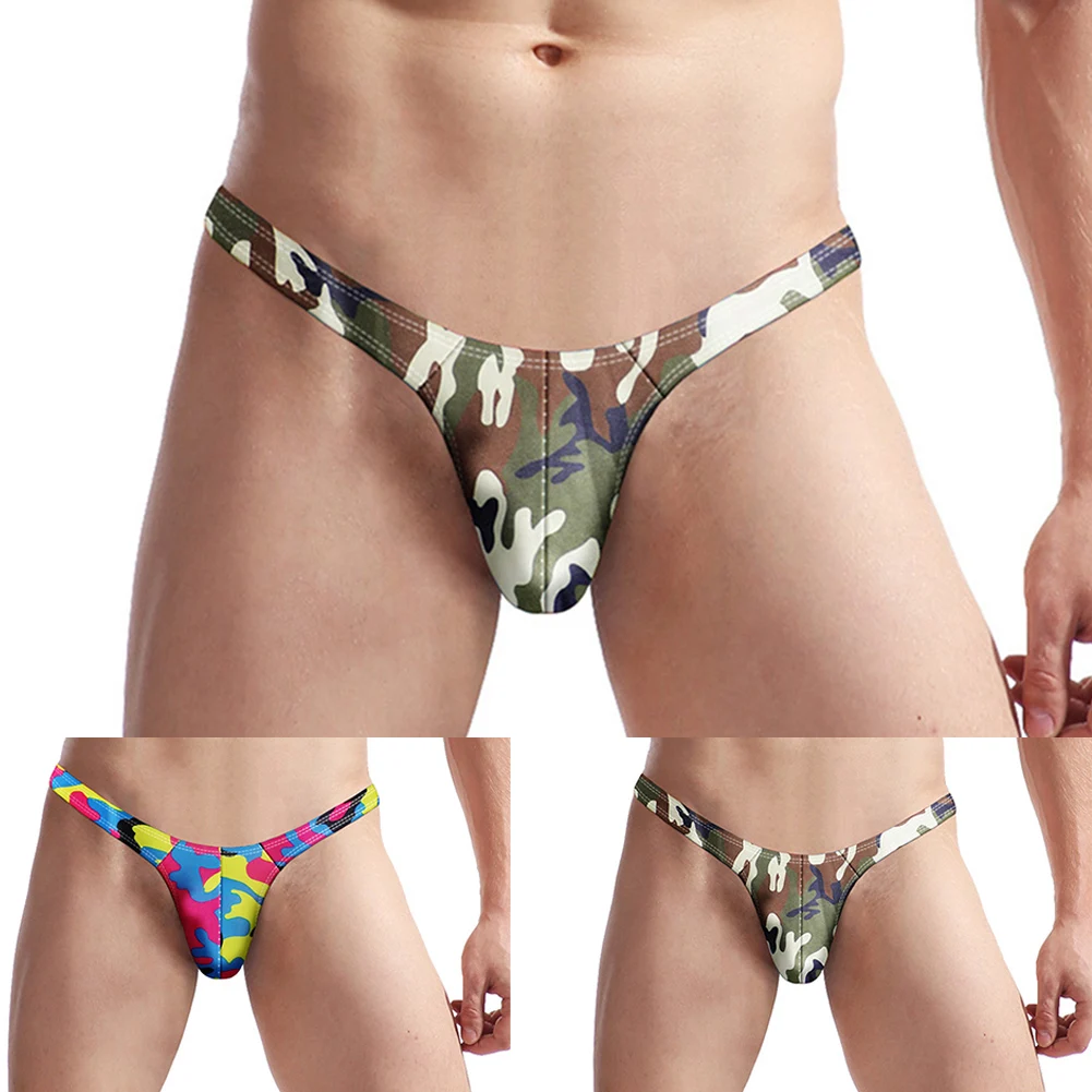 Sexy Men Thongs U Pouch Bikini Underwear Printed Low Rise G-string T-back Mini Briefs Seduction Erotic Underpants Short Panties