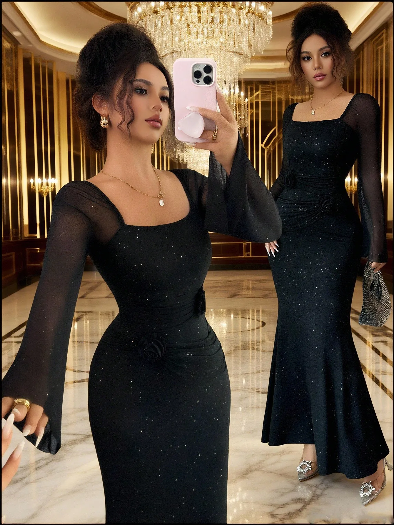 

Black Sequin Mesh Long Sleeve Square Neck Fitted Midi Dress for Evening Party