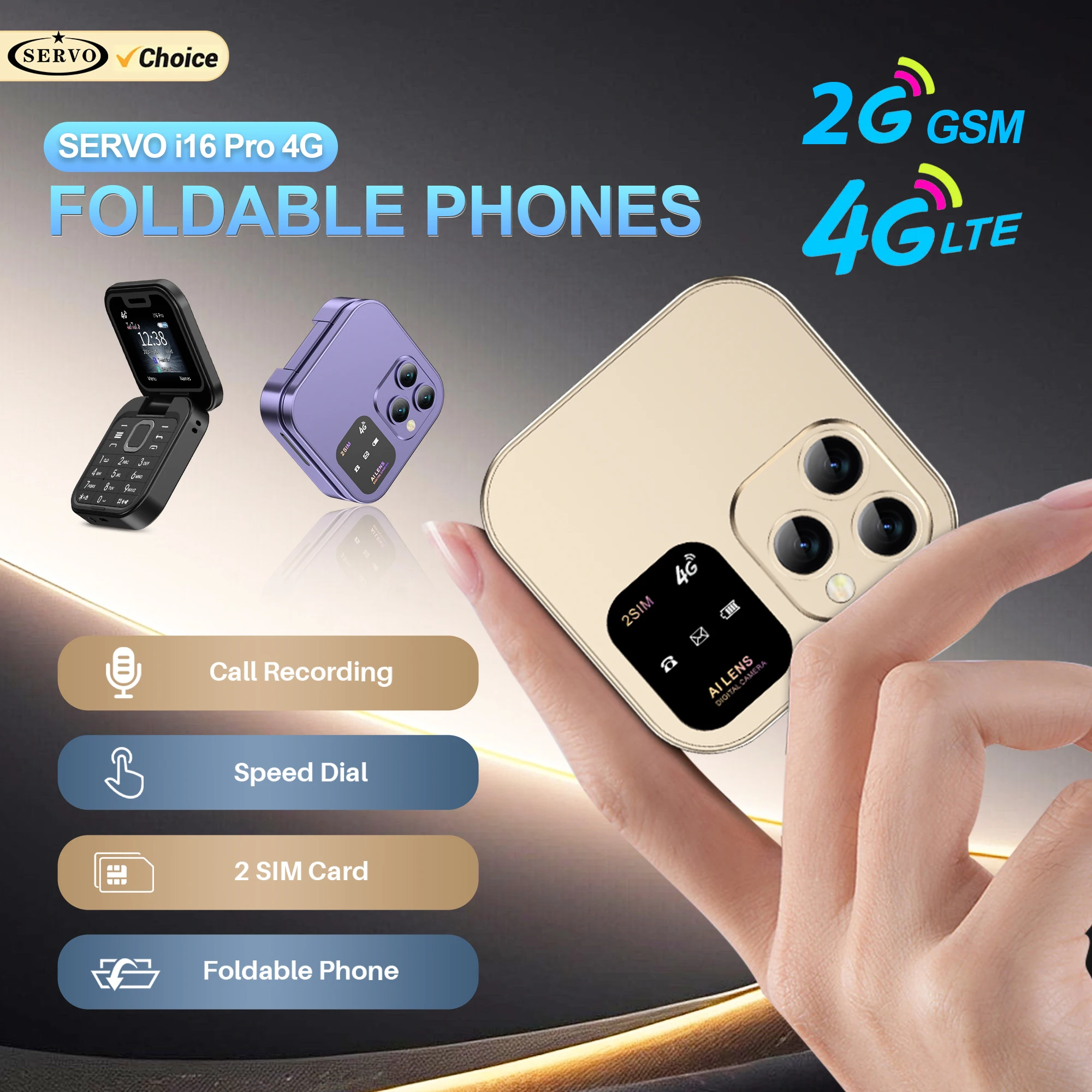 SERVO i16 Pro 2G GSM/4G LTE Network Small Flip Mobile Phone 2 SIM Standby Call Recording Speed Dial 1.77