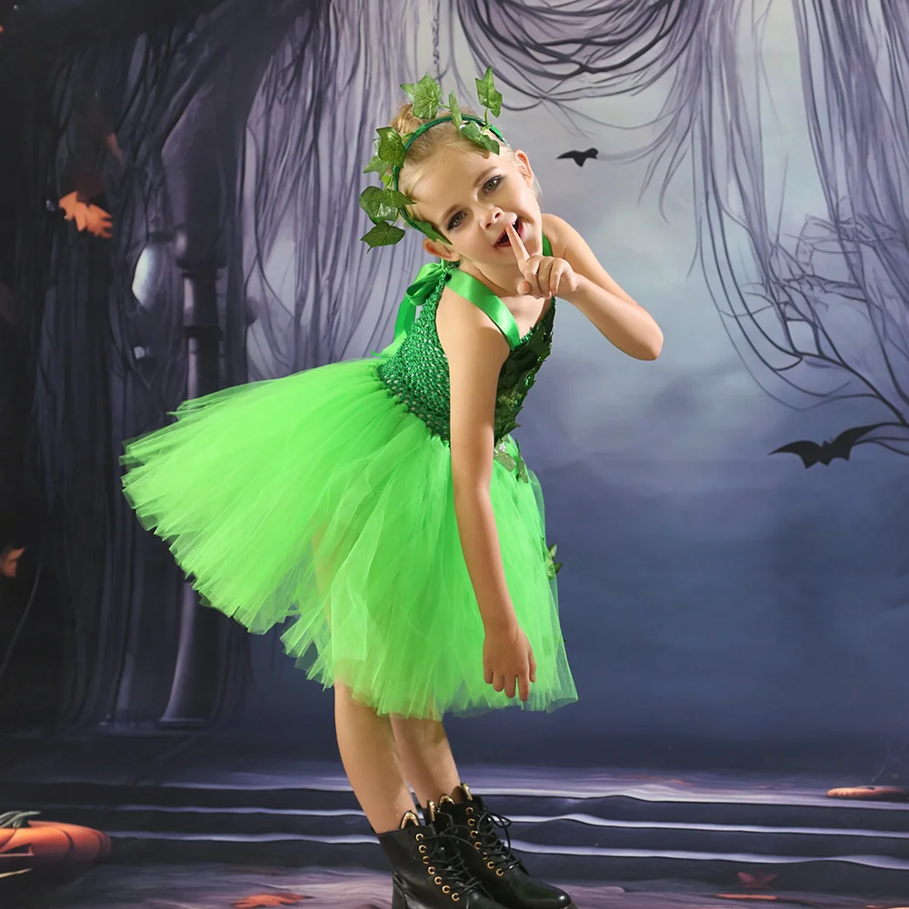 Children Posion Ivy Costume Tutu Dress with Headband Kids Halloween Costume Girls Tulle Dress Carnival Woodland Villain Costumes