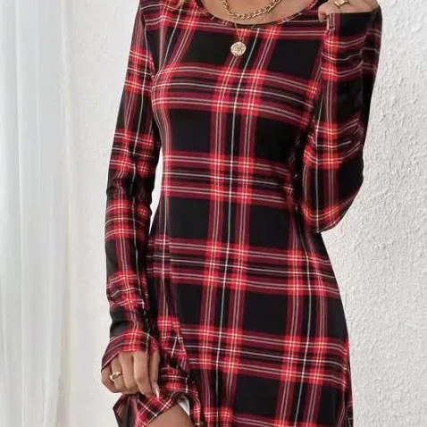 2025 moda transfronteiriça europeia e americana em torno do pescoço saia de manga comprida vestido estampado xadrez cw22524