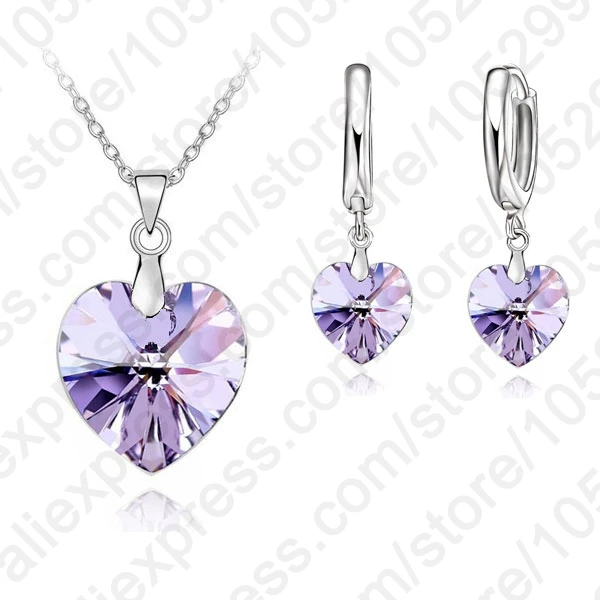 Romantic Clearly Austrian Crystals 925 Sterling Silver Jewelry Sets Heart Pendant Necklaces Lever Back Earring For Woman