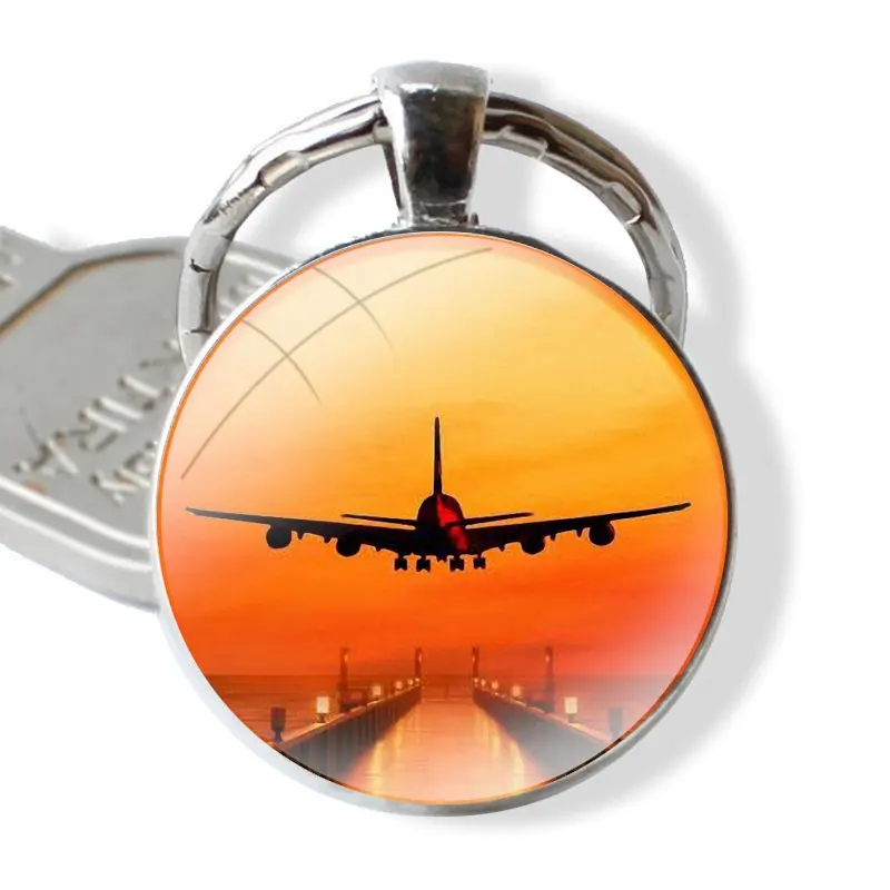 Keychain Handmade Glass Cabochon Key Ring Holder Pendant Key Chains Aircraft Airplane fly travel cloud Sky