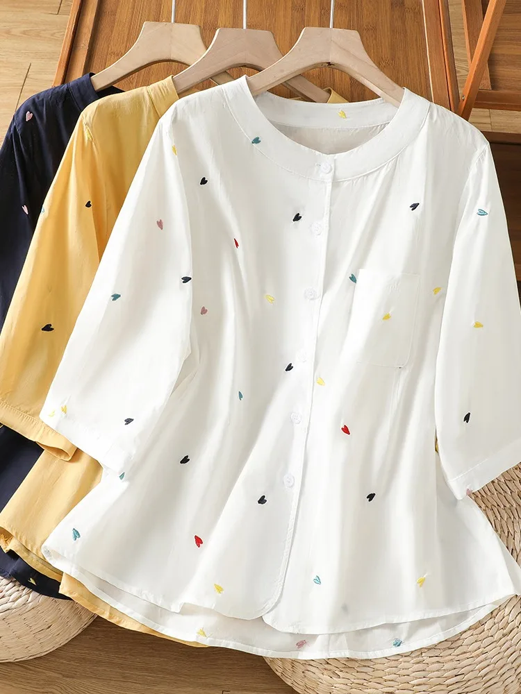 

Elegant Embroidered Cotton Linen Shirt Women's Summer Lightweight Breathable Fashionable Anti-Aging Small Shirt Top