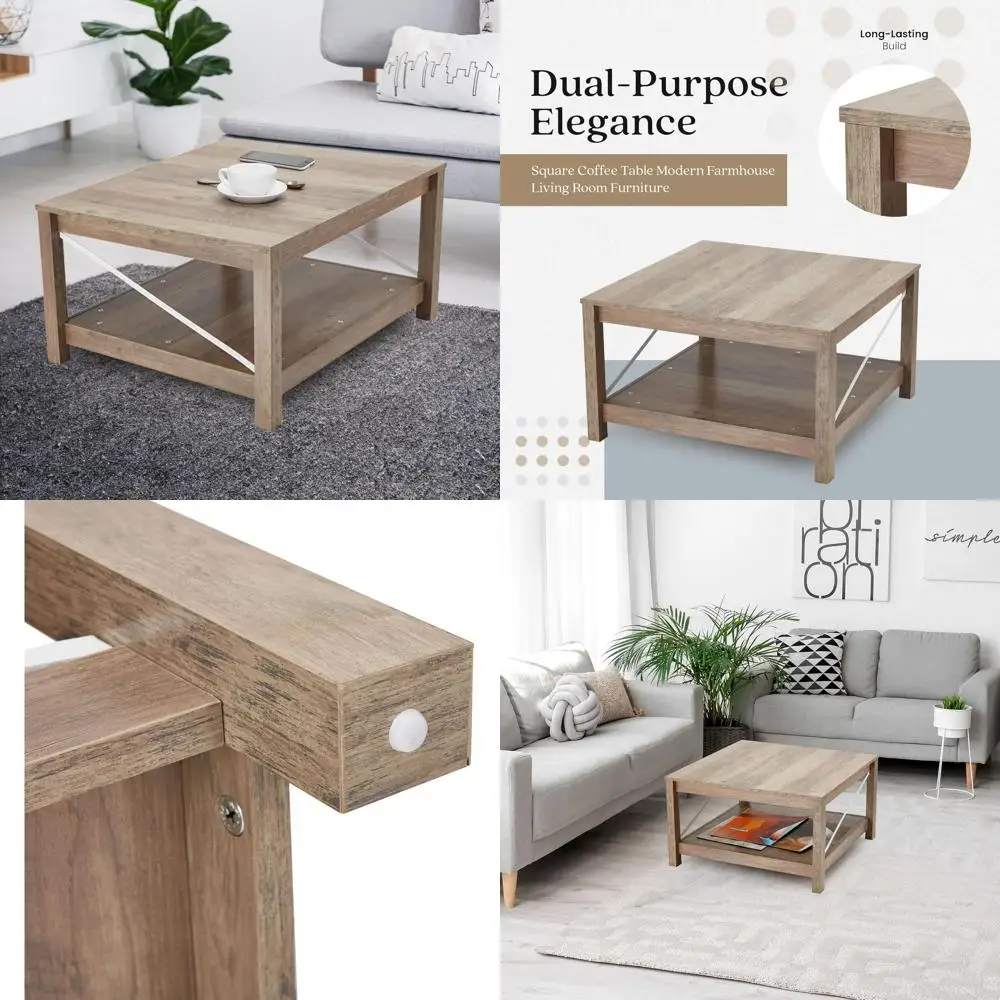 

31.5 Square Coffee Table with Bottom Storage Shelf, Traditional Style Living Room Accent Furniture, Beige
