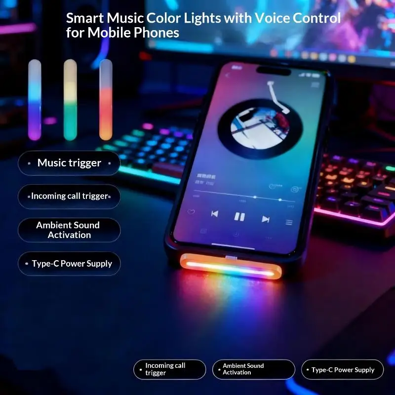 USB C RGB Music Sync Rhythm Light Sound Pickup LED Ambient Lamp for Car Interior Gaming Desk Setup Decor