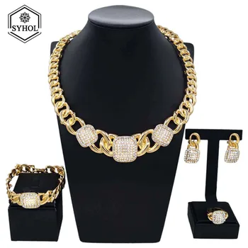 Women jewelry set fashion Dubai gold plated necklace colorful Rhinestone earrings ring girls gift sets sysy