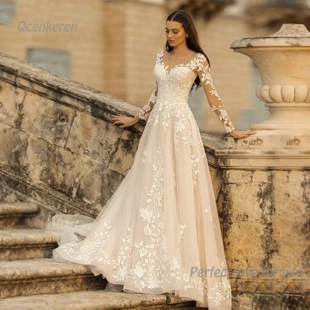 

Qcenkeren A-Line vestidos de novia High Neck Bridal Gown Elegant Lace Appliques Court Train Wedding Dress For SA Sexy Women 2024