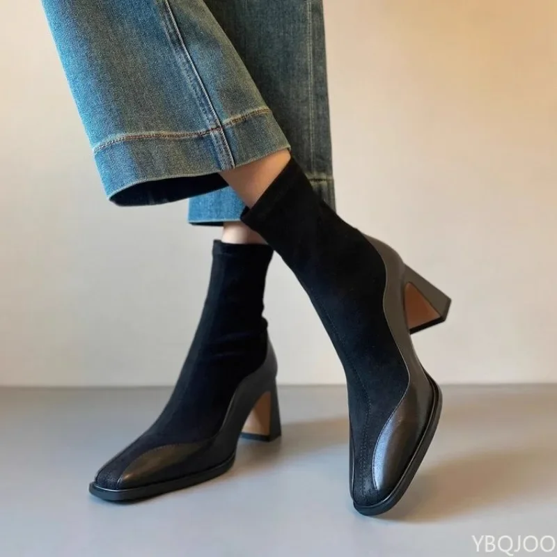 Retro Patchwork elastische Schuhe Damen Herbst Winter modische vielseitige dicke High Heels kurze Stiefel bequeme Socken Stiefel