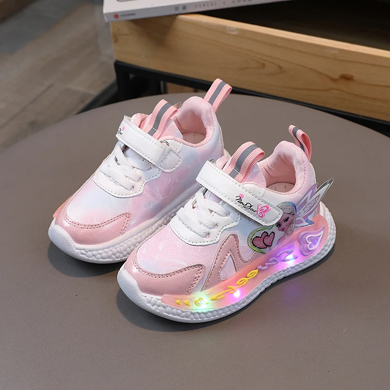 Disney Elsa Princess Led Lighted Shoes For Children Sneakers Fashion Boutique Kids Baby Girls Casual Sports Shoes Soft Sole