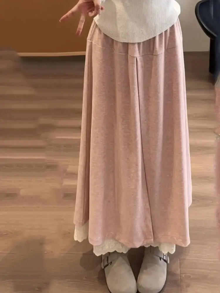 Pantaloni a gamba larga in pizzo tinta unita per donna Pantaloni gonna patchwork allentati a vita alta Pantaloni versatili primaverili autunnali alla moda