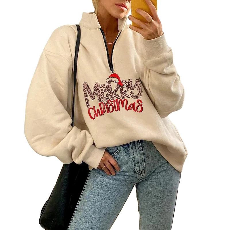 

Christmas Graphic Print Sweatshirts Women Long Sleeve Turndown Collar Zip Up Pullover 2000s Fall Winter Casual Loose Sweater