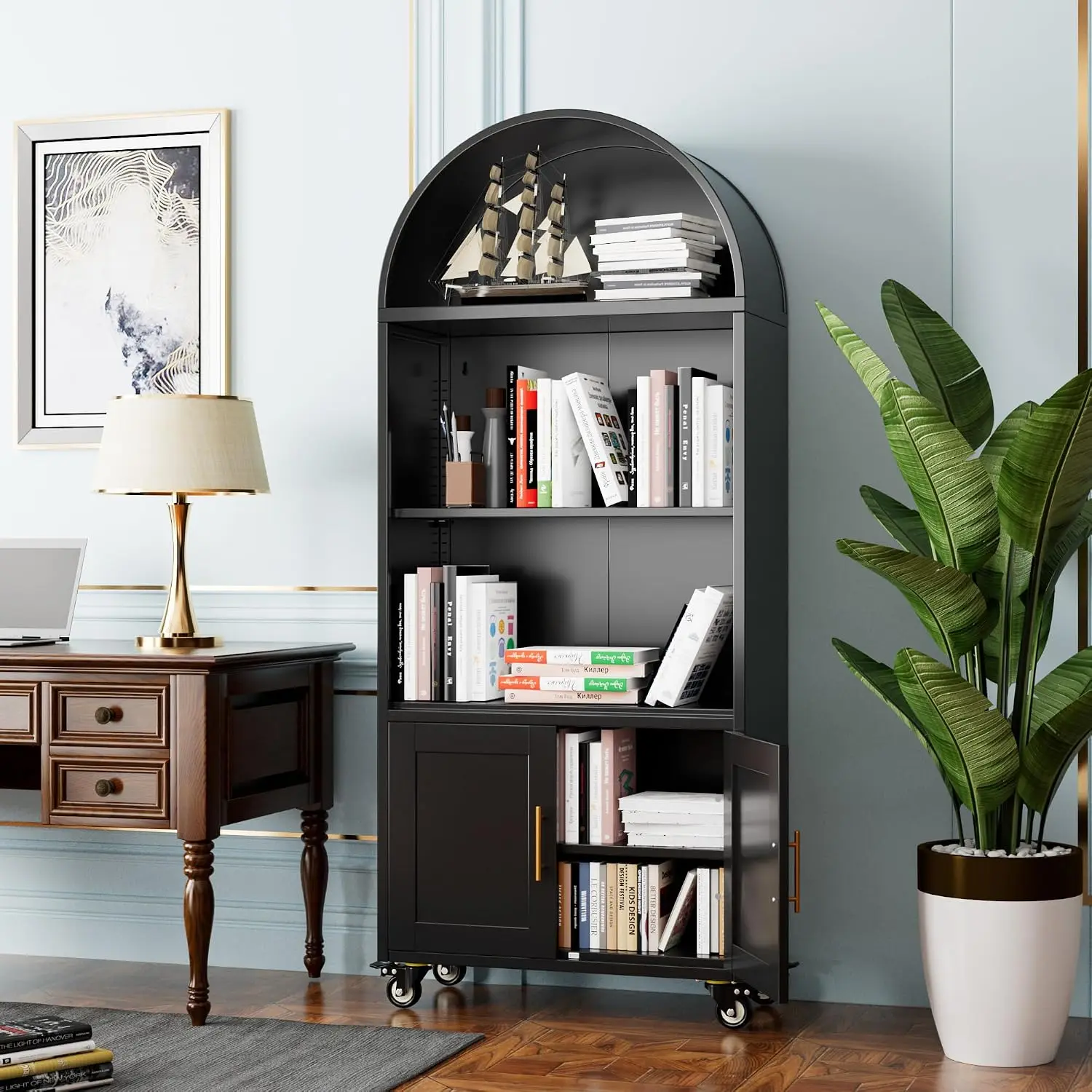Metal Arched Bookshelf with Doors & Wheels, 72.3