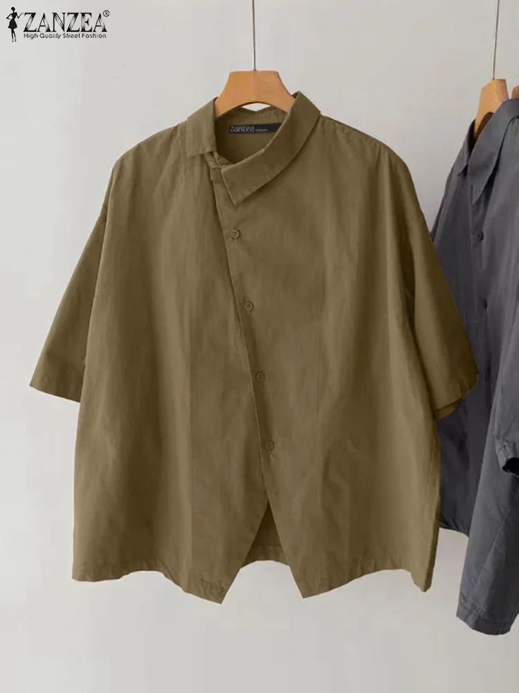Camicie da lavoro OL da donna Bottoni asimmetrici Top ZANZEA 2025 Tunica casual Fahion Tinta unita Mezza manica Colletto rovesciato Blusas