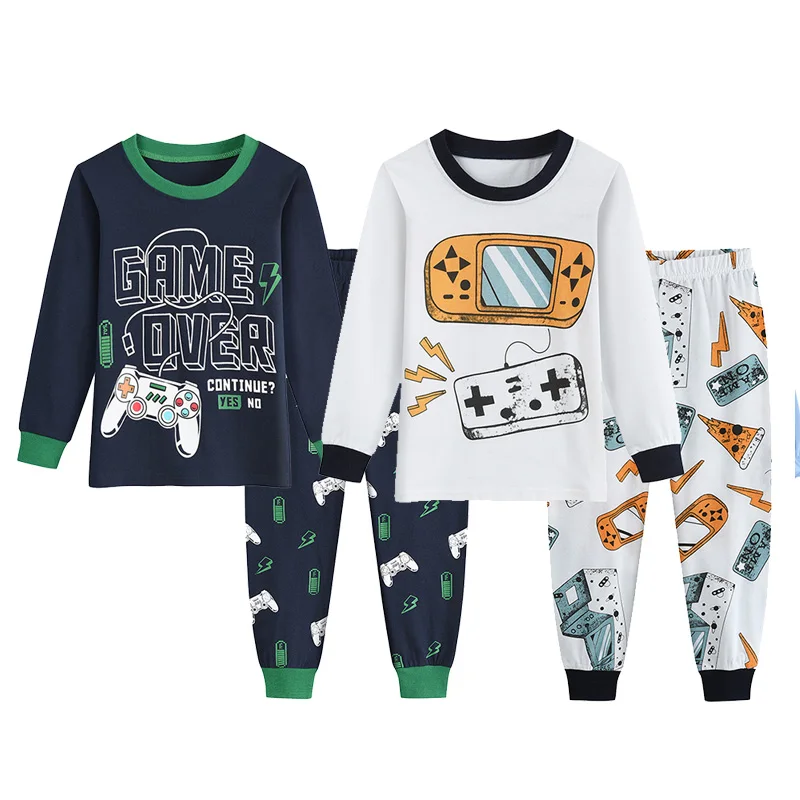Conjunto de pijama de duas peças para meninos, com estampa moderna, camisa de manga comprida e calças, tecido macio e confortável, roupa de casa para 