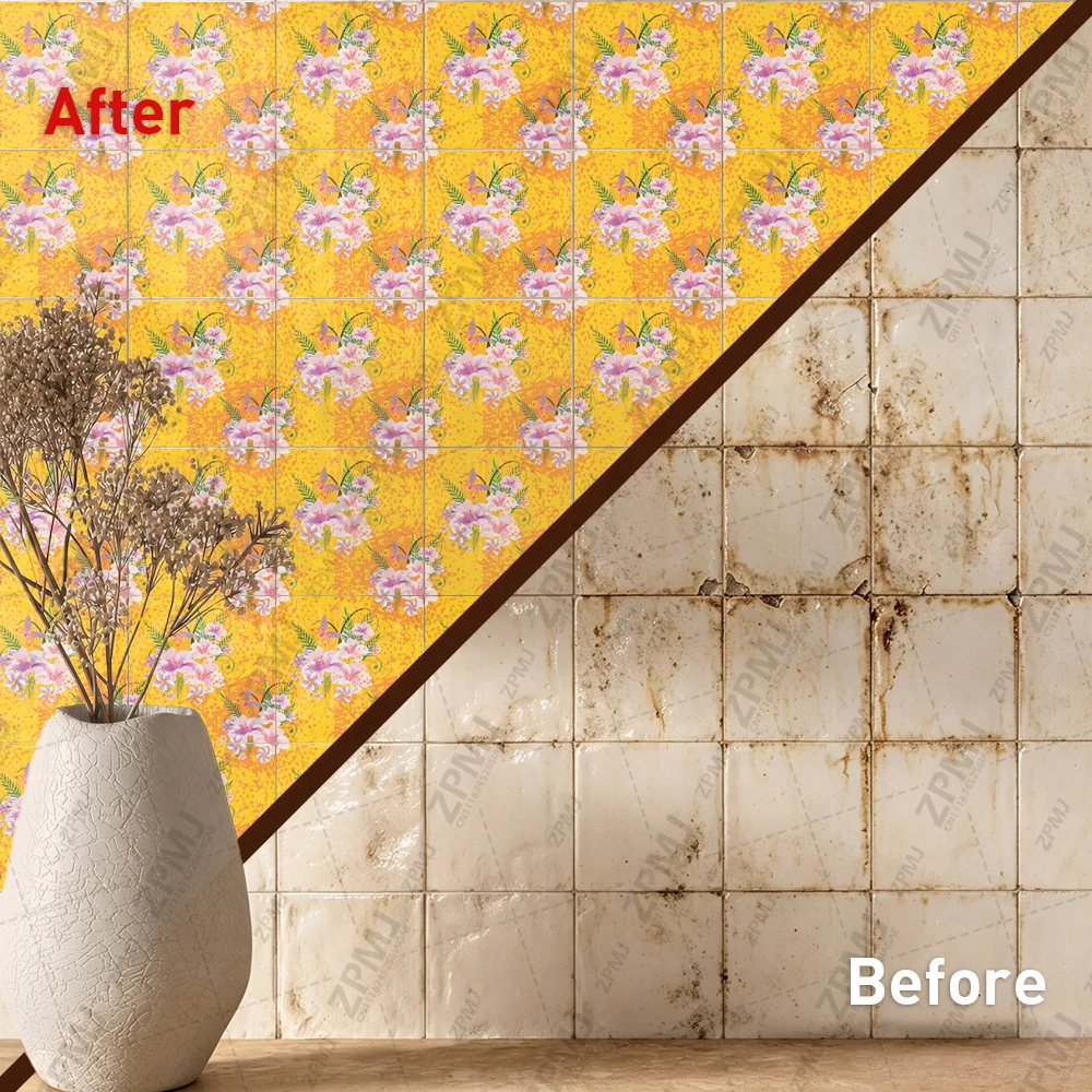 Pink Peonies Tile Stickers Waterproof Peel and Stick Self Adhesive Oil Proof Backsplash Decals Floral Wallpaper for Sunset Lodge