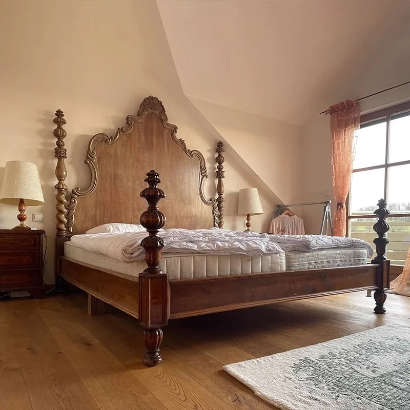 American Retro Solid Wood Bed 1.8 Meters Carved Double Bed Master Bedroom Renaissance High-end French Country Pillar Bed