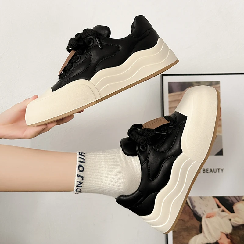 Women Sneakers Lace Up Casual Sport Shoes Personalized Mixed Colors Thick Bottom Vulcanized Shoes Outdoor Running Shoes Female