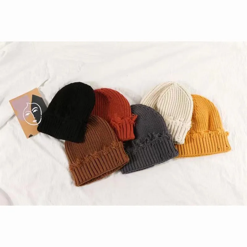 

Fashion Unisex Winter Harajuku Knitted Hat Hip Hop Beanie Hat Solid Punk Autumn Winter Warm Korean Pin Hole Skullcap