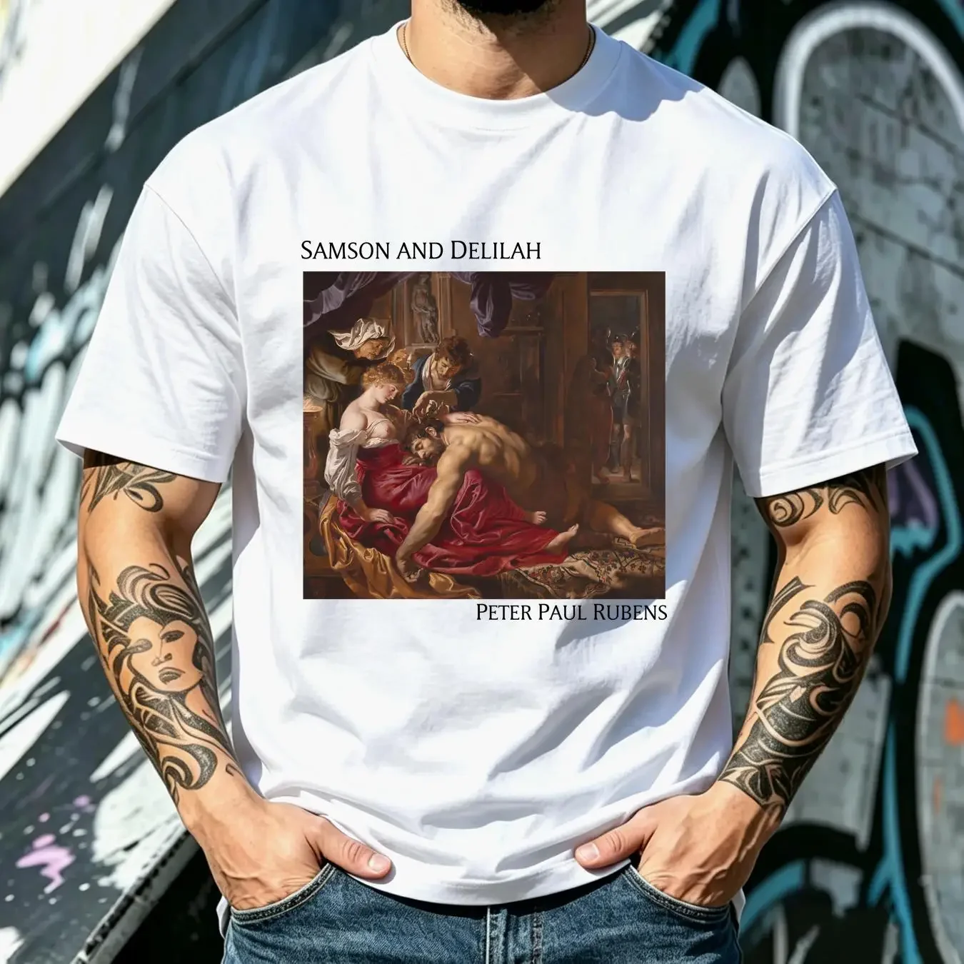 washed T Shirt ArT for Trendy Aesthetic Vintage Religious Painting Peter Paul Rubens Samson and Delilah long or short sleeves