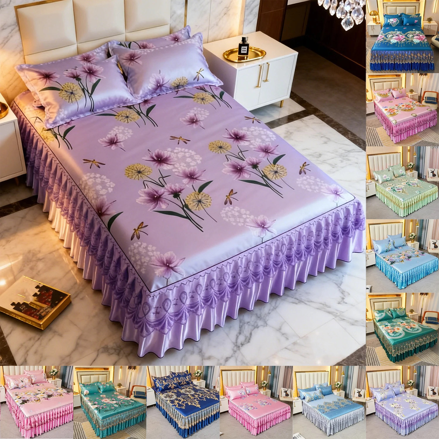 

Floral Pattern Bed Skirt Set Mattress Anti Slip Protective Cover for Household Bedding Double Layered Skirt Dustproof Bed Covers